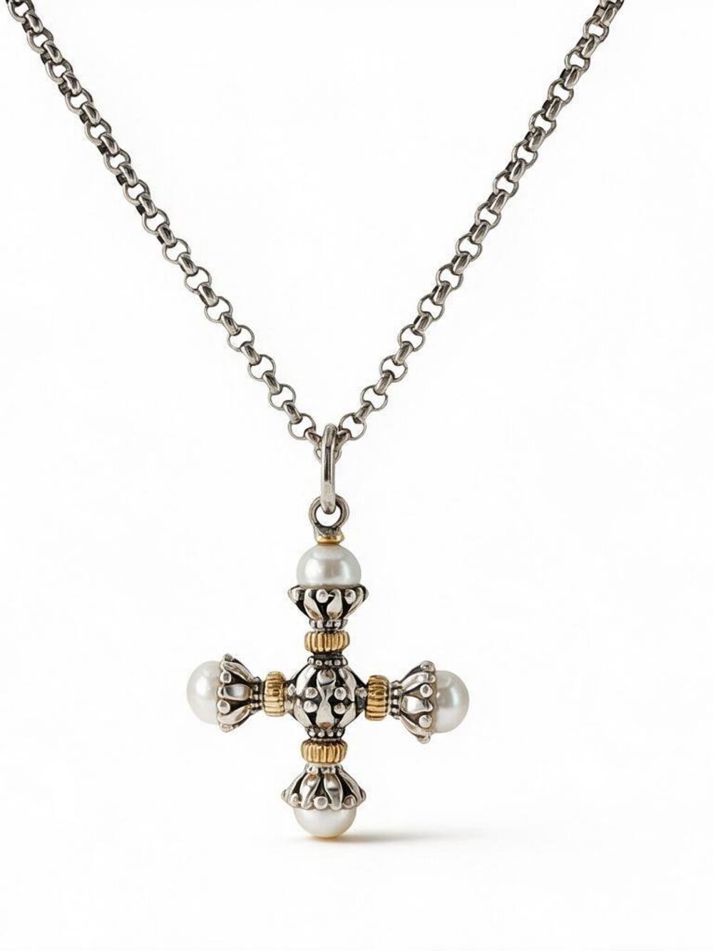 KONSTANTINO 925 Silver & 18K Gold Cultured Pearl Clas Cross Pendant Necklace